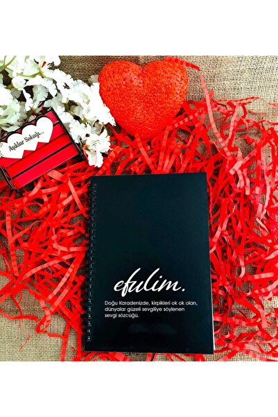 LİNOVERA Valentine's Day Efulim Printed Wooden Notebook - Black
