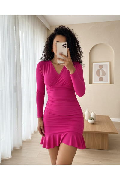MissRunin Sandy Mini Dress with Elasticated Sides and Flounces - Fuchsia - Co...