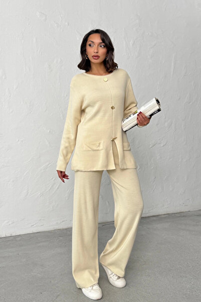 Lusin Women's Cream Gold Button Detailed Bottom and Top Two-Piece Knitwear Set