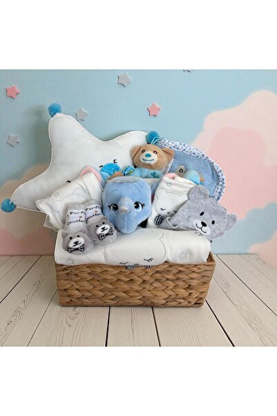 Victoriaas Coș cadou pentru nou-născuți, băieți – 18 piese, tonuri de albastr...