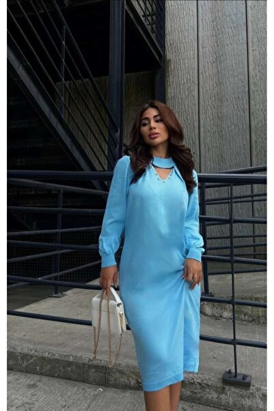 Lovely butik UZUN KOLLU TRİKO MİDİ ELBİSE KADIN V YAKA DETAYLI