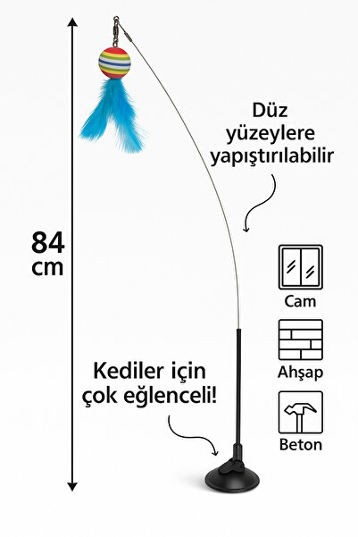 Papağanhane Vantuzlu Yaylı Kedi Oltası – Tüylü Toplu Eğlenceli Kedi Oyuncağı 🐾