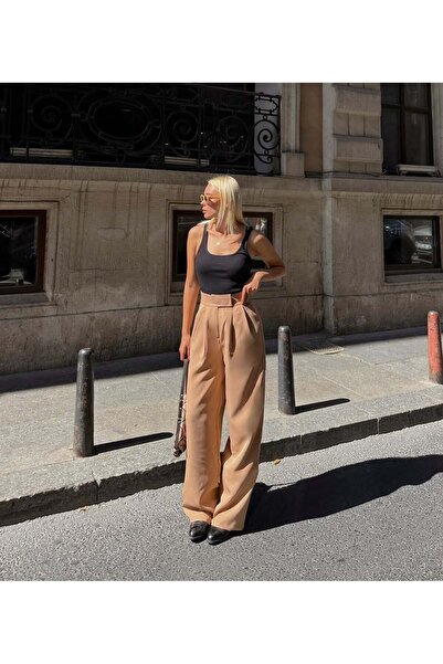 Luvty Kadın Beli Cırt Kapamalı Likralı Bol Paça KIŞLIK Şık Palazzo Pantolon -TABA