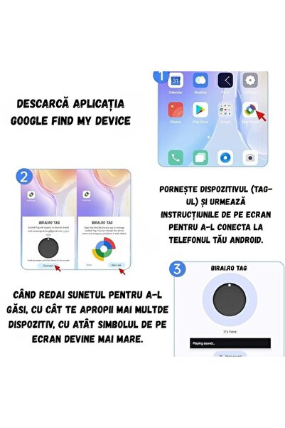 BIRAI SafeTag Anti-Lost Locator Device, Tracker for Android, Real-time Location, Black