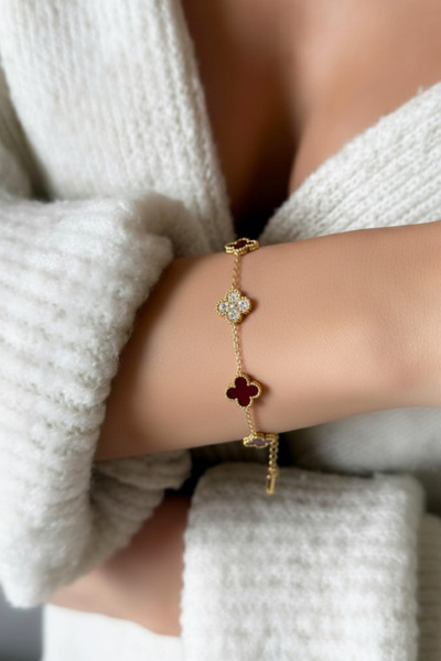 Modacaprea Çelik Çiçek Bordo Kadın Bileklik – 18+2 Cm Altın Renk Bileklik | K...