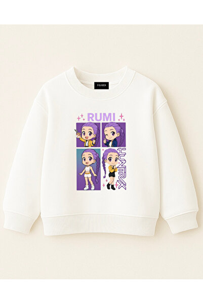 fasardi Kpop Demon Hunters Huntrix Rumi Printed Oversized 3 Thread Without Frills Long Sleeve Girls' Sweatshirt