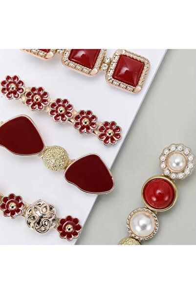 Accessories Hei Red Floral Patterned Daily Use 4-Piece Women's Hair Accessory Hairpin Set