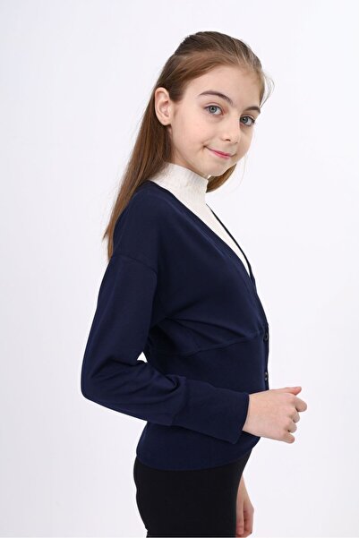 Toontoy Σχολική ζακέτα με κορδόνια σε μπλε ναυτικό χρώμα για κορίτσια με λαιμόκοψη σε σχήμα V με κουμπιά και κορσέ πλεκτό - 2 κλωστές καμιζόλα