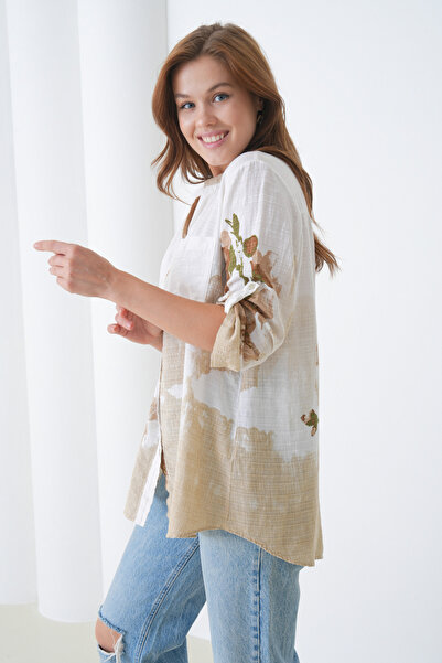 MAMAYAGA Long Sleeve Cotton Stylish Plus Size Patterned Curve Comfortable Italian Linen Shirt Suitable for Women's Hijab