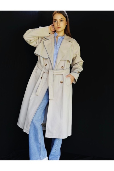 Glaura Fashion Modern Kesim Bej Uzun Trençkot