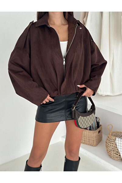 sportiness Oversized Suede Fabric Jacket with Epaulet Detail