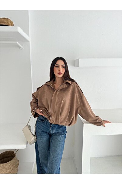 02Lady Fashion Oversized Suede Fabric Jacket with Epaulet Detail