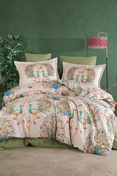 Clasy 100% Cotton Double Ranforce Duvet Cover Set Pavone V1 Green