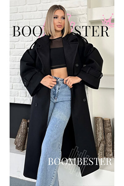 BoomBester معطف نسائي طويل باللون الأسود قصة فضفاضة مزين بحزام للموسم الجديد ...