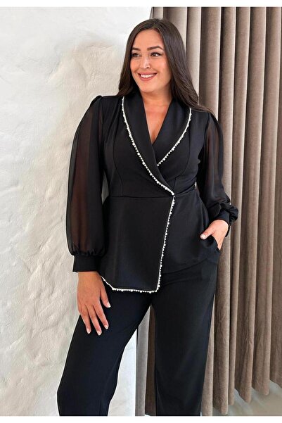 FOR ESRA BIG TREND Γυναικείο Σετ βραδινό φόρεμα διπλό πέτο τεμαχίων με λεπτομέρεια από πέτρα με πέτρα σιφόν με μανίκια παντελόνι 2 τεμαχίων