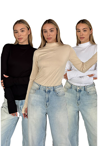 RDK Giyim Γυναικείο Σετ 3 τεμαχίων Body με λεπτομέρεια στα δάχτυλα - Μαύρο Μπ...