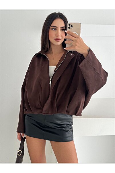 sportiness Oversized Suede Fabric Jacket with Epaulet Detail