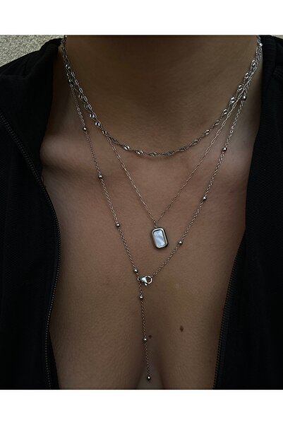 pop up store Stone Triple Chain Steel Necklace Set