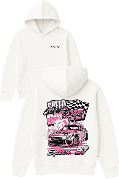 VSRN سبيد 97 تصميم مطبوع قصة فضفاضة سويت شيرت أبيض بغطاء رأس