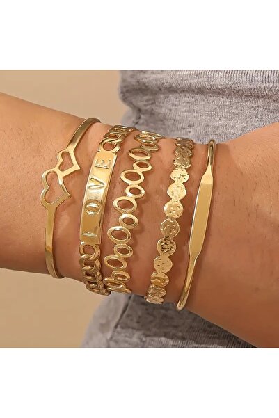 Feronnucci طقم أساور نسائية ذهبية اللون – مجموعة من 5 قطع موديل LOVE مجمعة مج...