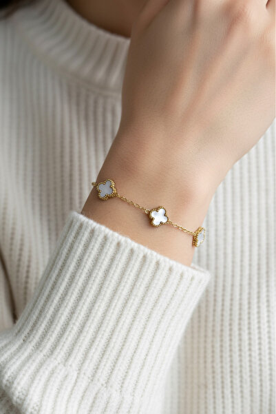 Modacaprea Çelik Beyaz Çiçekli Kadın Bileklik – 17+2 Cm Altın Renk Bileklik |...