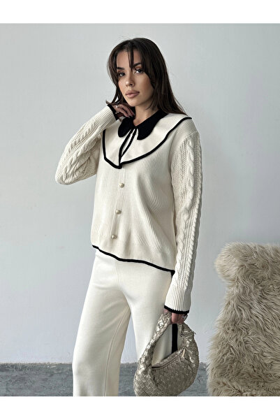 Lusin Women's Ecru Sleeve Hair Braid and Striped Detail Peter Pan collar Bottom-Top Stylish Knitwear Set