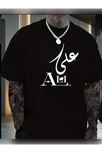 TİMİSİVA تي شيرت أسود للجنسين قصة فضفاضة ARAPCA مطبوع مصنوع من القطن برقبة دا...