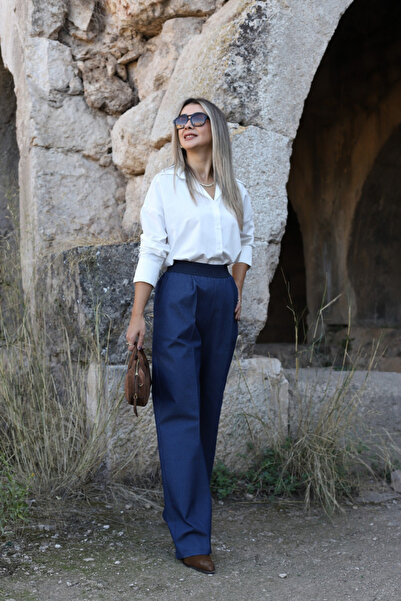 bytugcekaya Navy blue jean waist elastic detail pants