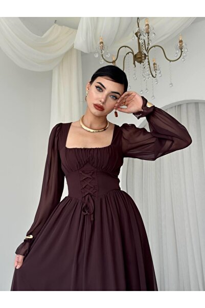 Masspera Kare Yaka Uzun Kollu Tamo Korsaj Bağlama Maxi Elbise