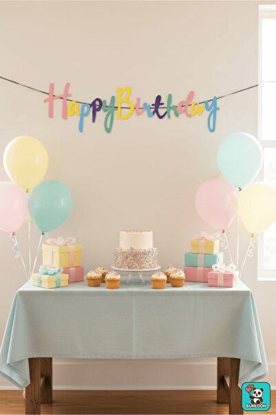 Bunloon Calligraphy Banner Makaron Happy Birthday – 110 cm Pastel Colored Birthday and Party Decoration