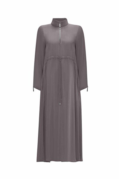 MISS DALIDA Yakası Fermuarlı Beli Büzgülü Cupro Antrasit Elbise