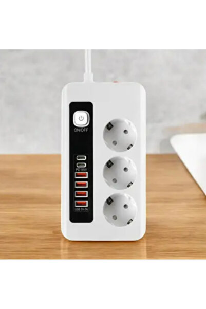 The Kaku 3 Lü PRİZ 3X Soket Termal Akım Korumalı Power Tuşlu 4x USB 2x Type-C Çıkışlı Kablolu Çoklu Priz