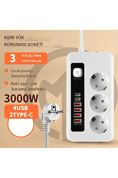 The Kaku 3 Lü PRİZ 3X Soket Termal Akım Korumalı Power Tuşlu 4x USB 2x Type-C Çıkışlı Kablolu Çoklu Priz