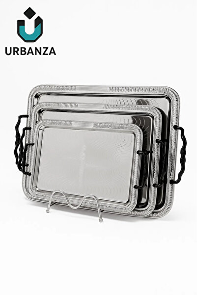 Urbanza طقم صواني تقديم فضية من 3 قطع بمقابض سوداء - صواني تقديم مستطيلة فاخرة