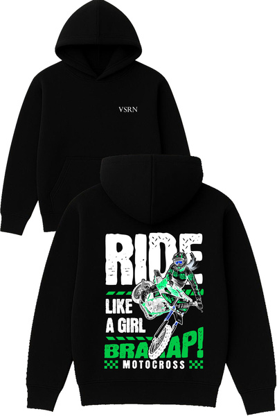 VSRN تصميم فتاة موتوكروس مطبوع قصة فضفاضة سويت شيرت أسود بغطاء رأس