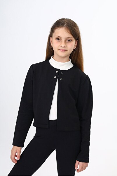 Toontoy سترة محبوكة بياقة دائرية للفتيات باللون الأسود مع إغلاق بأزرار - بدون...