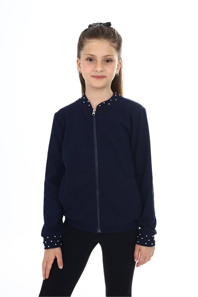 Toontoy Lacivert Kız Çocuk Kolej Yaka Fermuarlı Cepli Boncuk İşlemeli Örme Hı...