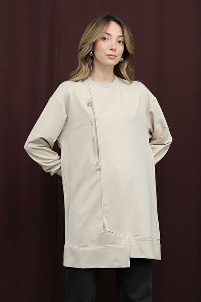 Puane Women's Two Thread Fabric Beaded Zipper Detailed Tunic