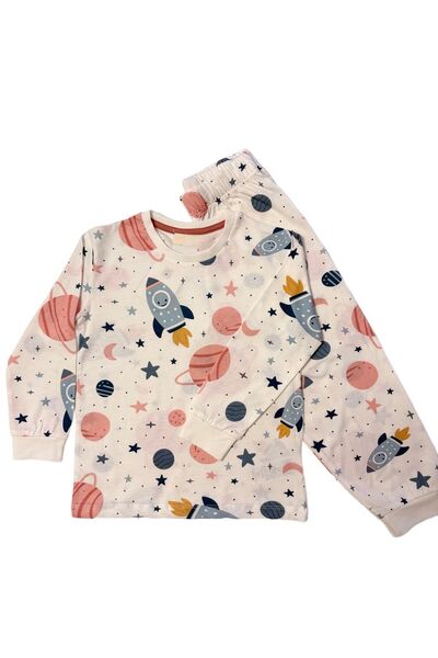 mışıl mışıl kids %100 pamuk uzay ve roket desenli erkek çocuk pijama takımı