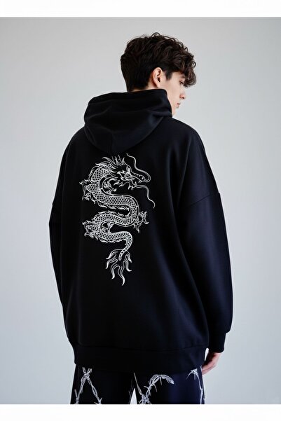 LUSHN هودي كبير الحجم للجنسين قصة فضفاضة بلاك دراجون مطبوع