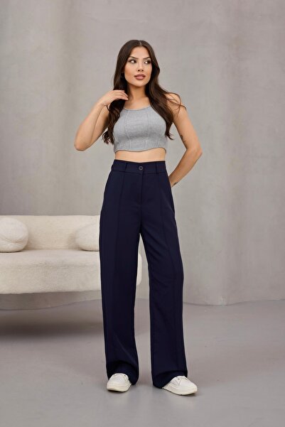 alanora Women's High Waist Lycra Wide Leg Striped Comfortable Cut Trousers