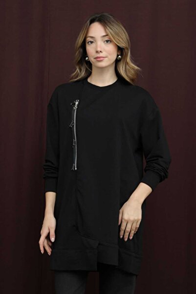 Puane Women's Two Thread Fabric Beaded Zipper Detailed Tunic