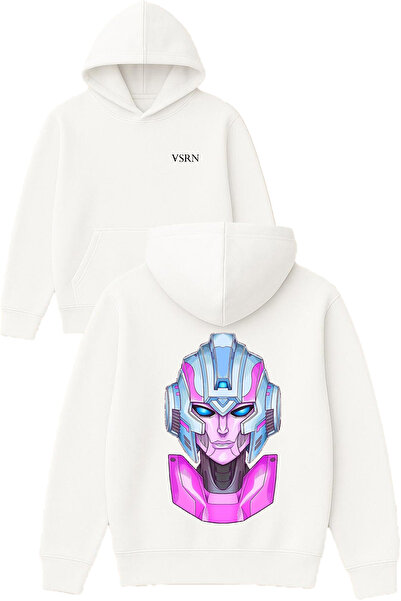 VSRN تصميم الروبوت الوردي مطبوع قصة فضفاضة سويت شيرت أبيض بغطاء رأس