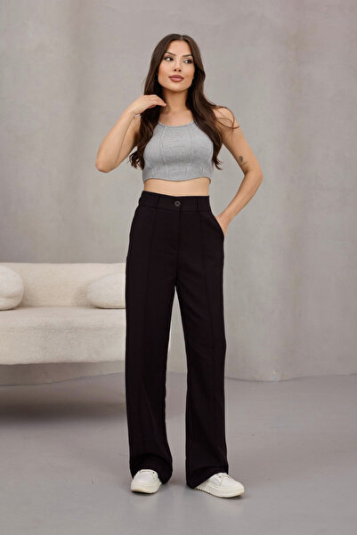 alanora Women's High Waist Lycra Wide Leg Striped Comfortable Cut Trousers