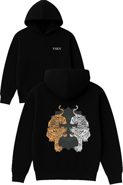 VSRN Hanorac negru supradimensionat cu glugă, cu imprimeu design tigru portoc...