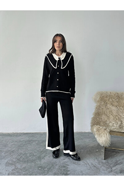 Lusin Women's Black Handle Hair Braid and Striped Detail Peter Pan collar Bottom-Top Stylish Knitwear Set