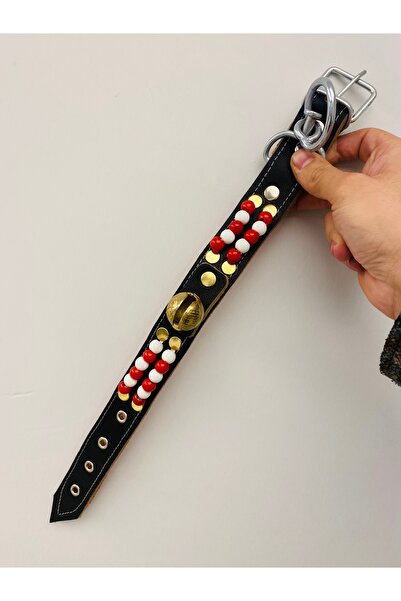 Sürmeli Tasma Küçük ve Orta Irk Köpek Tasması Hakiki Deri Tek Zilli Boncuklu Ultra Sağlam 45 Cm