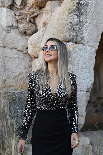 bytugcekaya Gümüş Payetli Kruvaze Elbise