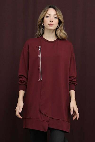 Puane Women's Two Thread Fabric Beaded Zipper Detailed Tunic