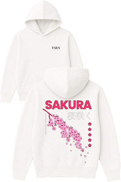 VSRN سويت شيرت ساكورا بينك ديزاين مطبوع قصة فضفاضة أبيض بغطاء رأس